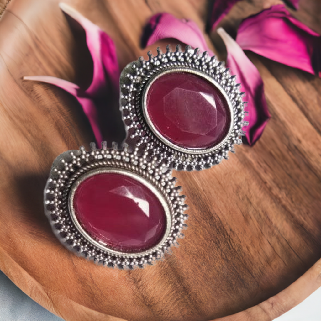 Pink Stone Oxidised Earrings