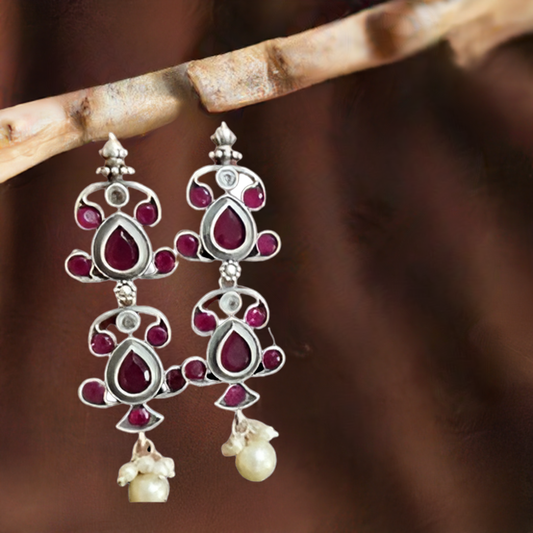 Pink with White Pearls Oxidised Earring