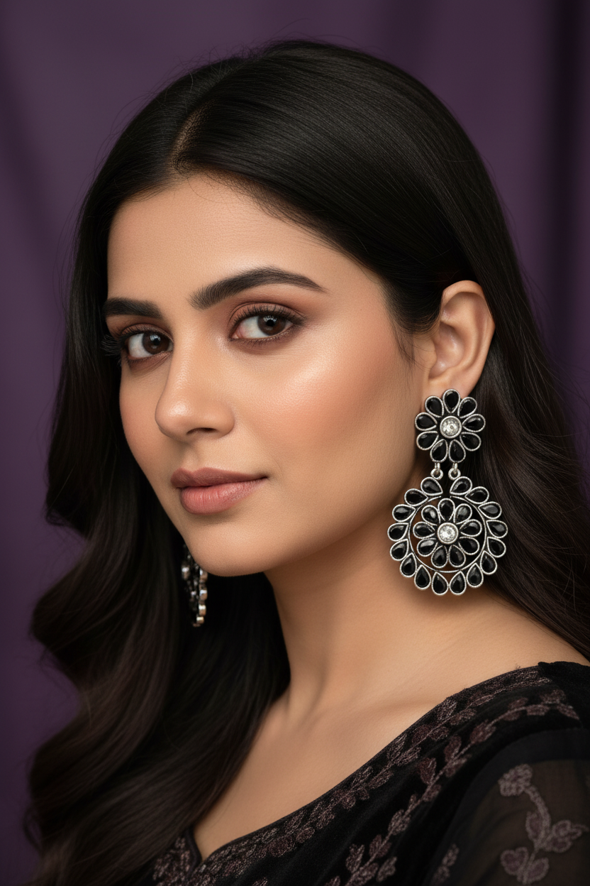 Black Stone Oxidised Earrings