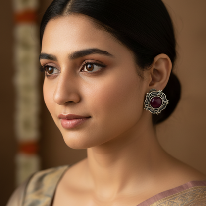 Pink Stone Oxidised Earring