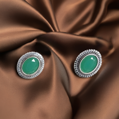 Green Stone Oxidised Earrings