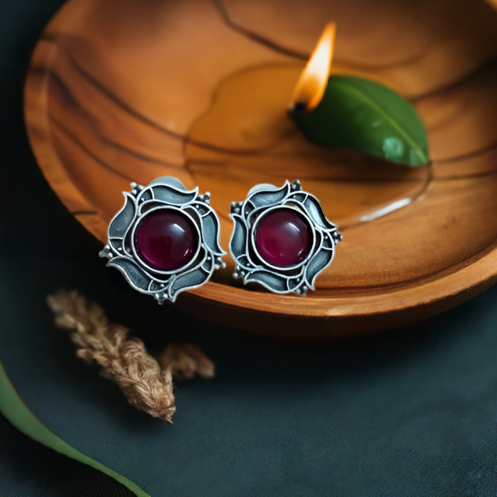 Pink Stone Oxidised Earring