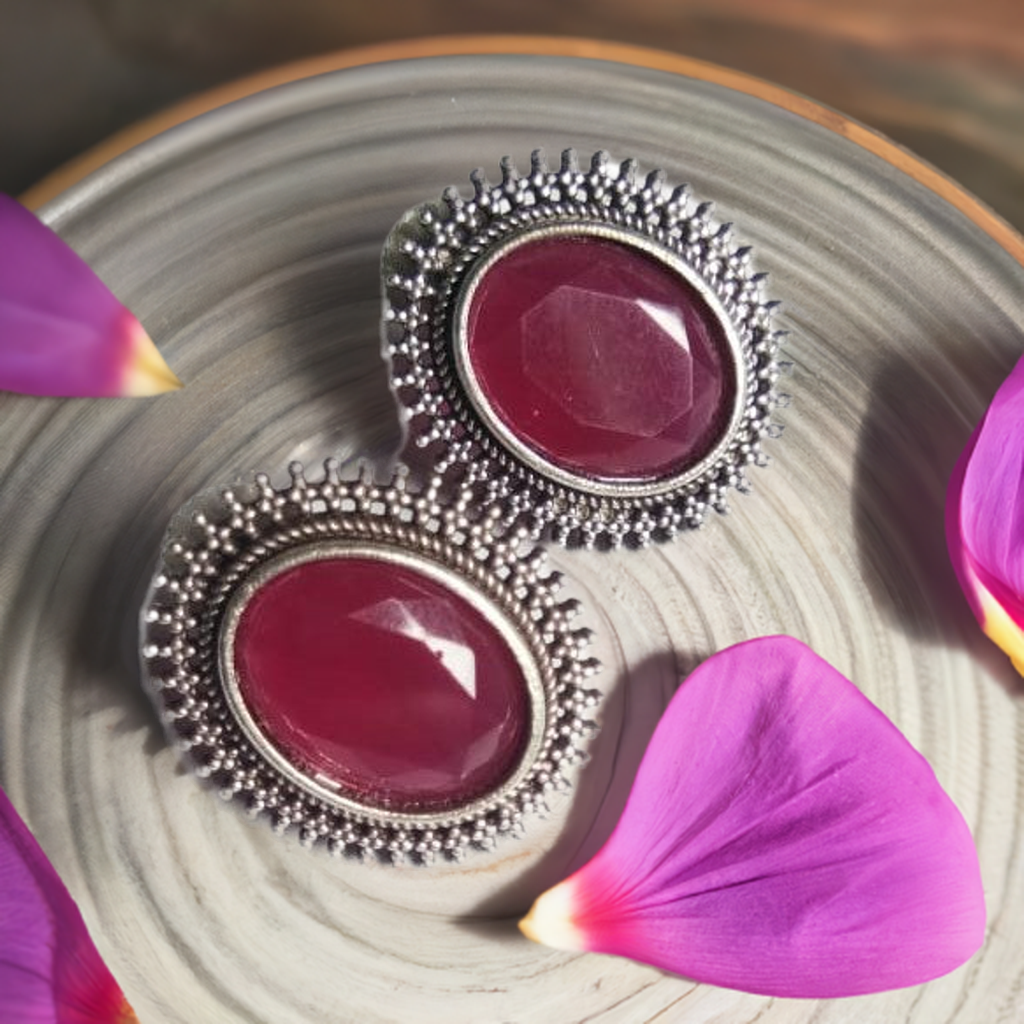 Pink Stone Oxidised Earrings
