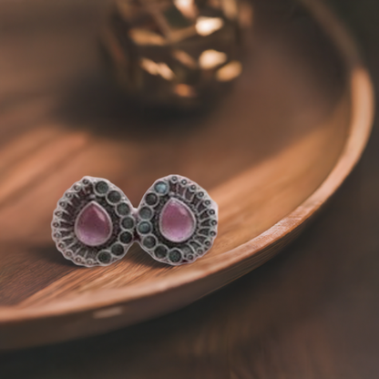 Silver Tone Pink Oxidised Earring