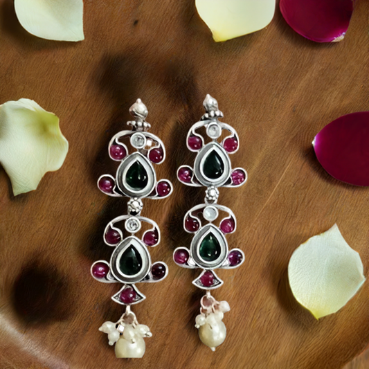 Pink and Green Stone Oxidised Dangle