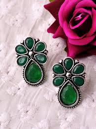 Green Floral Oxidised Stud