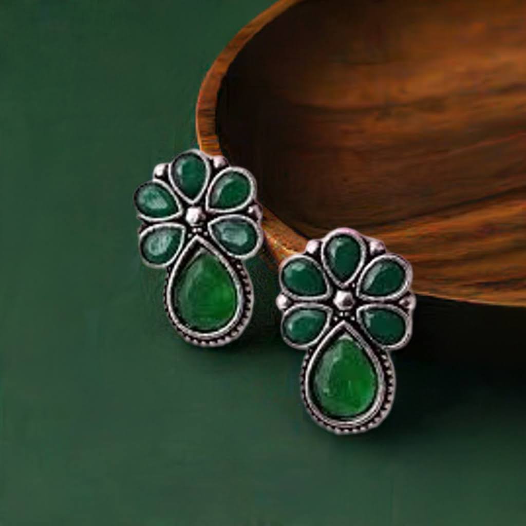 Green Floral Oxidised Stud
