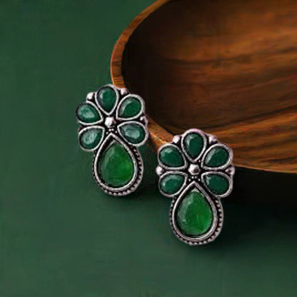 Green Floral Oxidised Stud