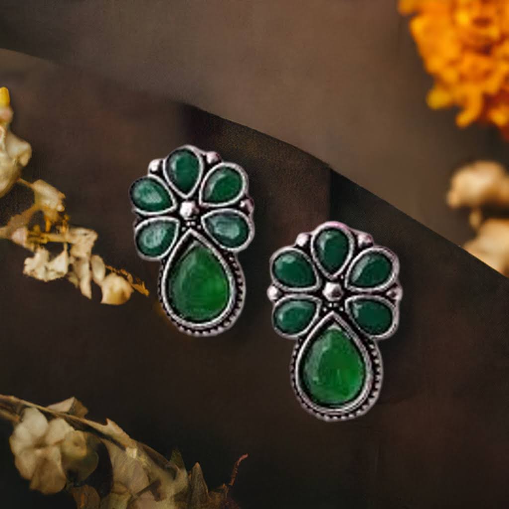 Green Floral Oxidised Stud