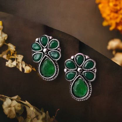 Green Floral Oxidised Stud