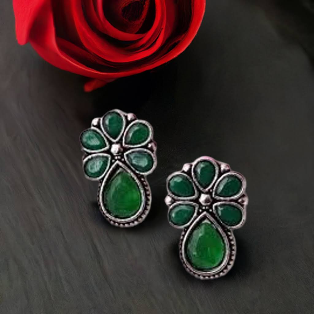 Green Floral Oxidised Stud