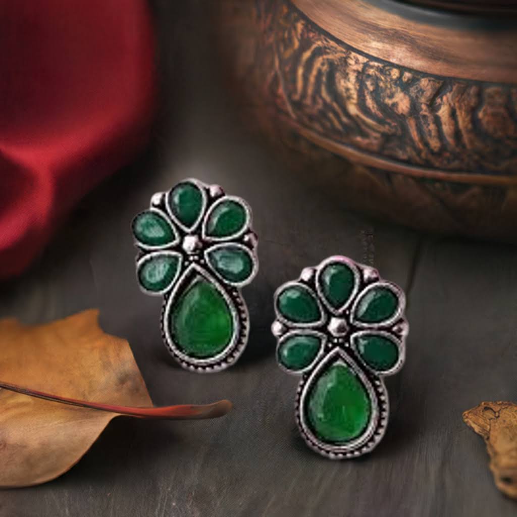 Green Floral Oxidised Stud
